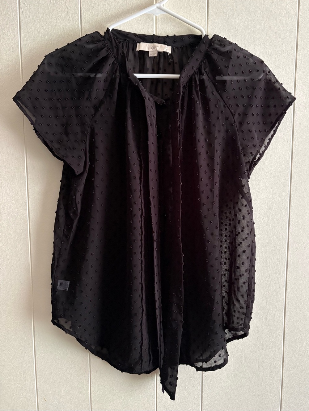 LOFT Black Dotted Tie-Neck Flutter Sleeve Blouse